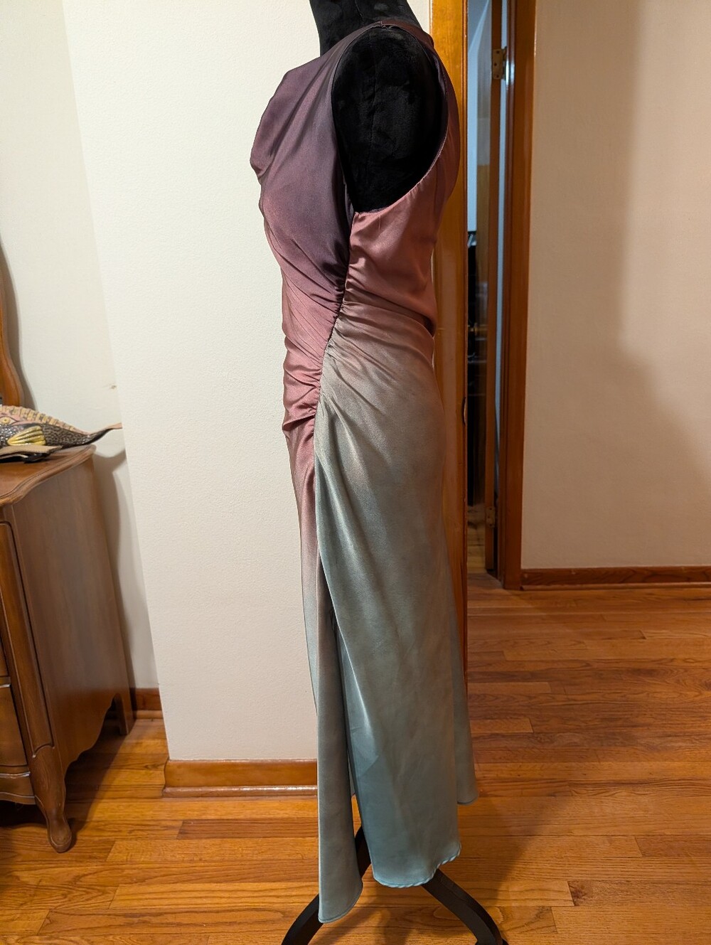 Zara Satin Effect Purple Sea Green Ombre Cowl Neck Midi Dress - Picture 4 of 11